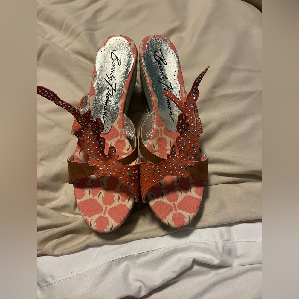 Beverly Feldman Pink and Brown Sandals with Butterfly Detail